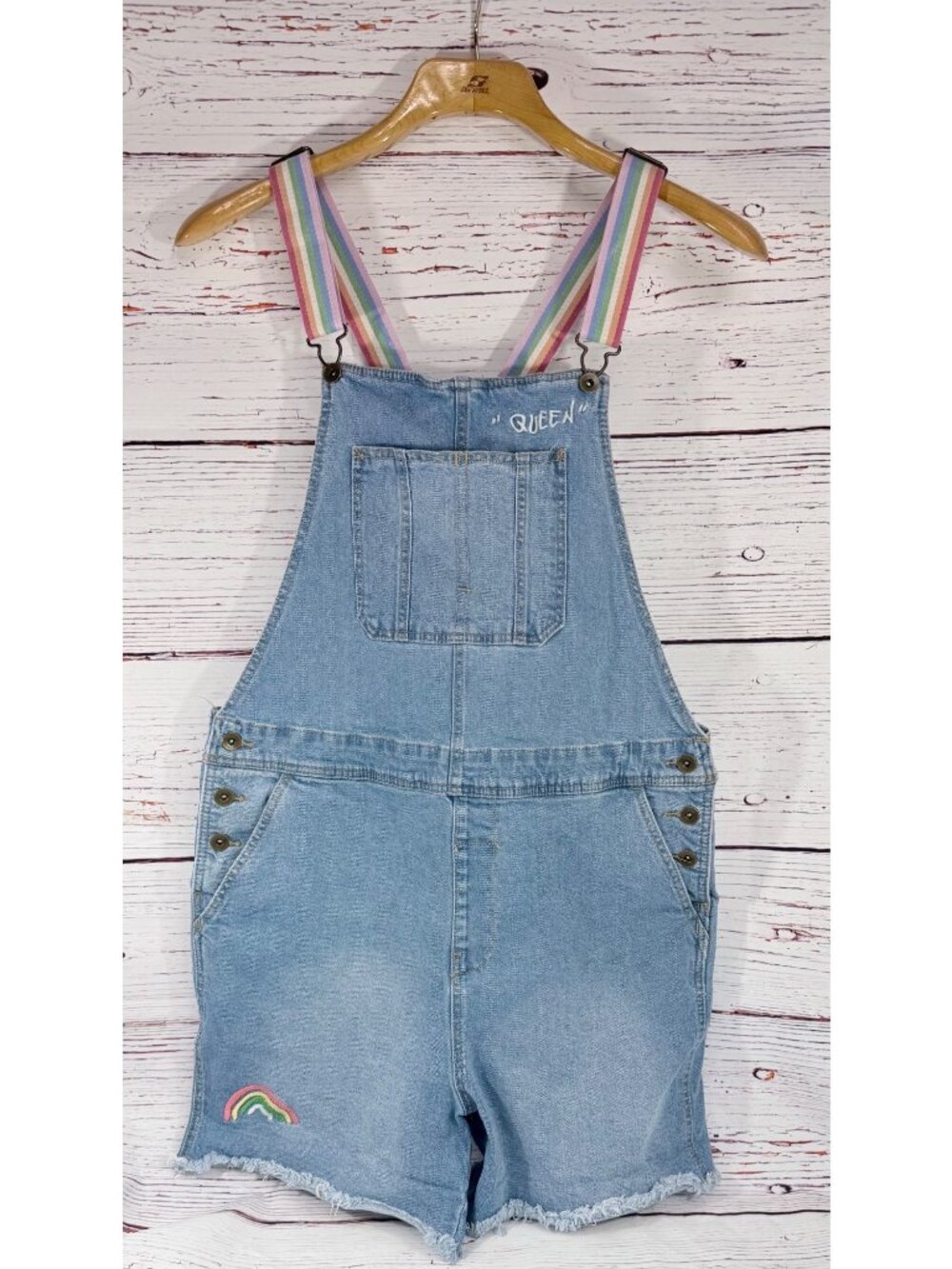 Denim Rainbow Strap Short Overalls Queen Embroidery Womens Large Target Blue Jea